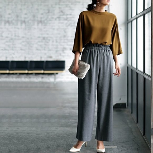 Uniqlo High Waisted Wide Leg Pants, Ankle Length Dark Grey Trousers - Picture 1 of 11